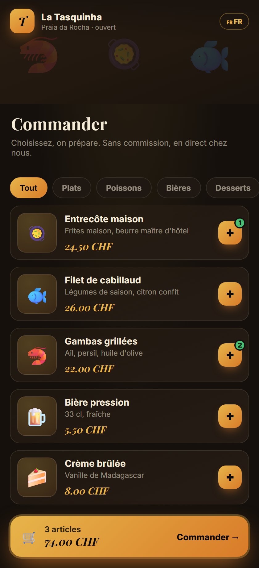 Commande côté client — La Tasquinha